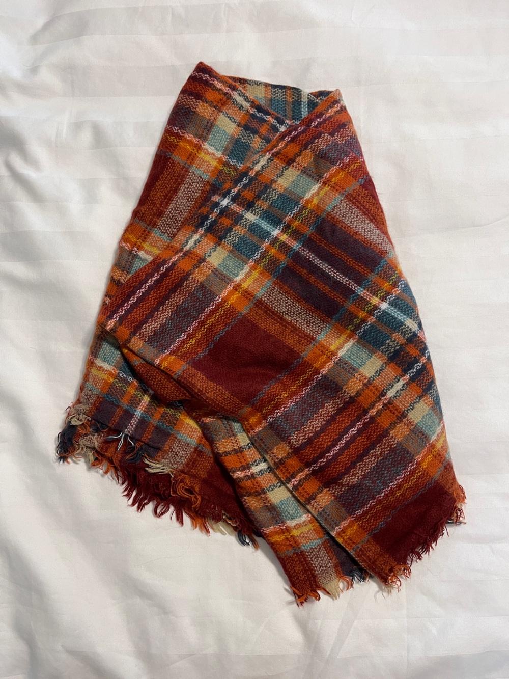 Cozy Plaid Scarf - Rust and Teal